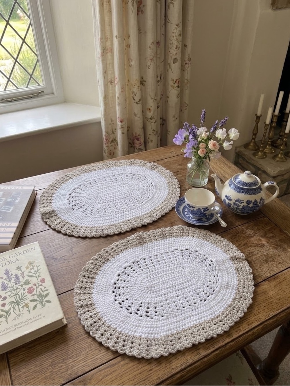 Vintage Hand Crocheted Oval Placemats-Cream w/Taupe Shell Ruffle Edge (set of 2)